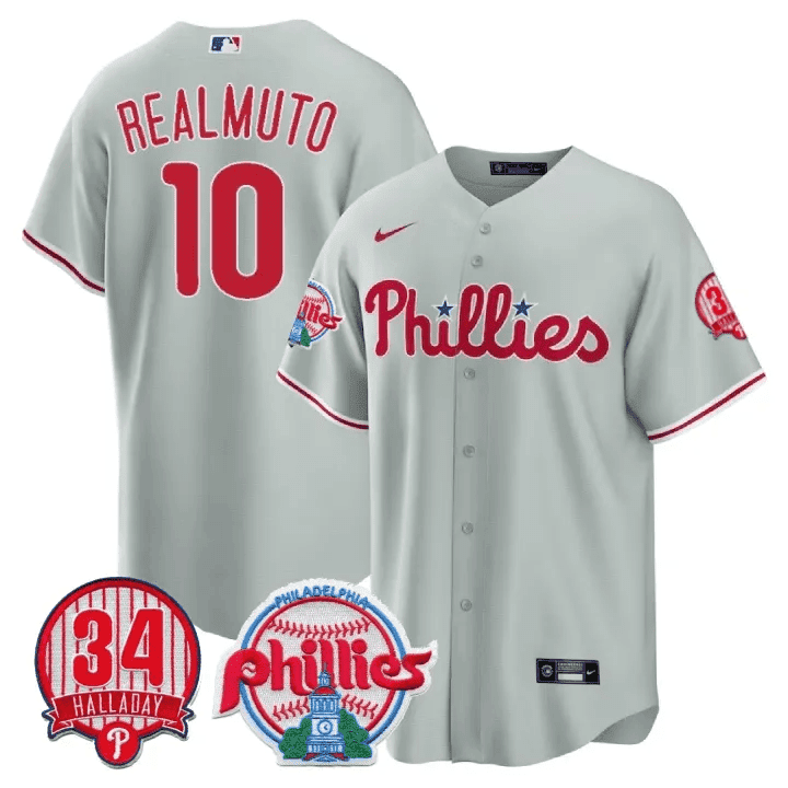 Men's Philadelphia Phillies JT Realmuto Roy Halladay Patch #34 Gray Jersey