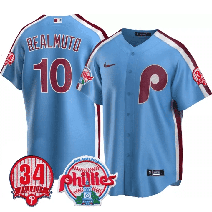 Men's Philadelphia Phillies JT Realmuto Roy Halladay Patch #34 Powder Blue Jersey