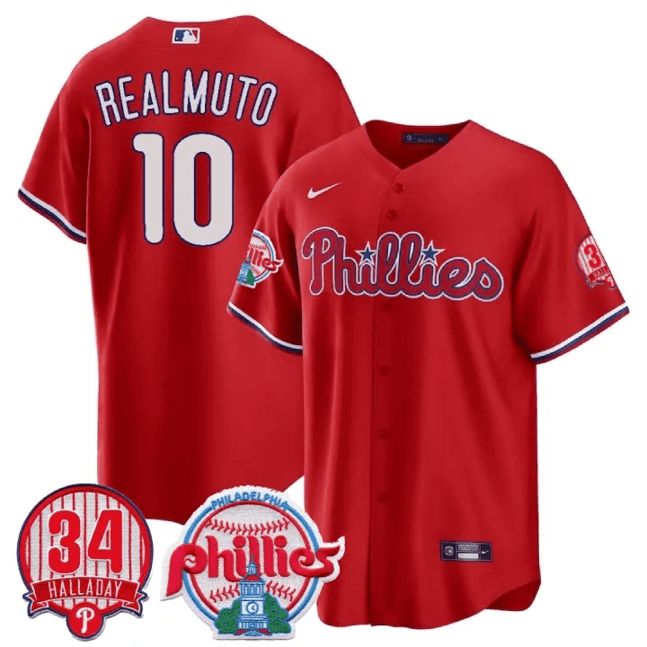 Men's Philadelphia Phillies JT Realmuto Roy Halladay Patch #34 Red Jersey