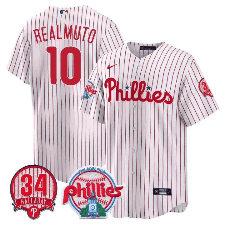 Men's Philadelphia Phillies JT Realmuto Roy Halladay Patch #34 White Jersey