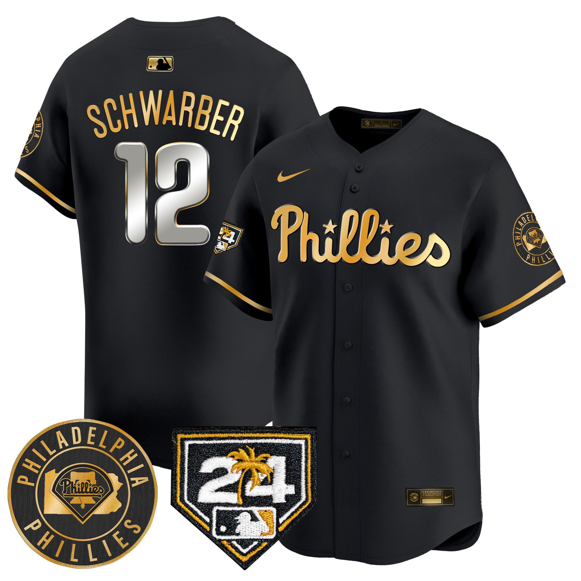 Men's Philadelphia Phillies Kyle Schwarber 2024 Spring Training Patch Vapor Premier Limited Black Gold Jersey