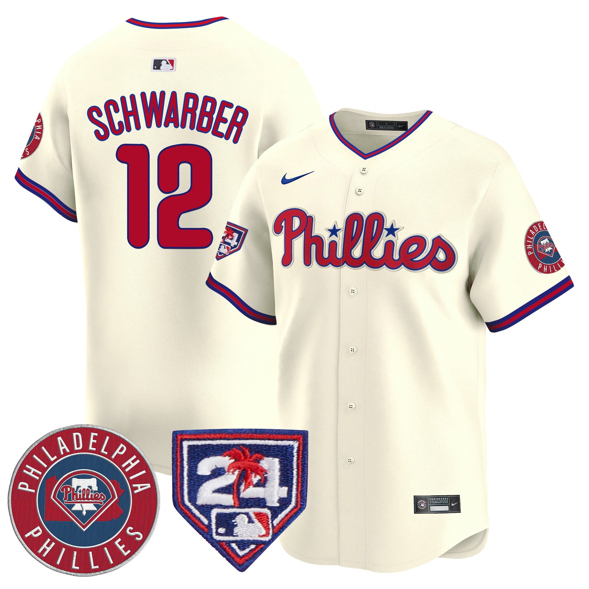Men's Philadelphia Phillies Kyle Schwarber 2024 Spring Training Patch Vapor Premier Limited Cream Jersey