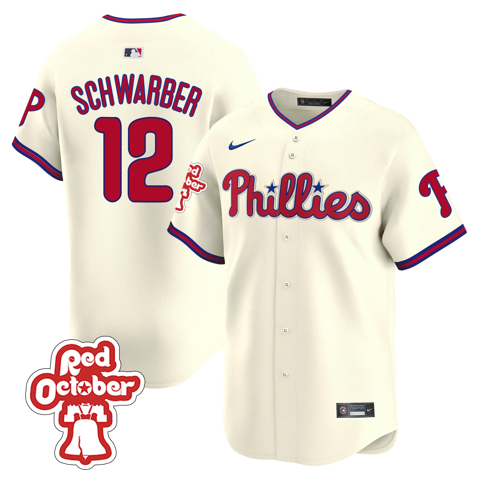 Men's Philadelphia Phillies Kyle Schwarber Red Octorber Patch Vapor Premier Limited Cream Jersey