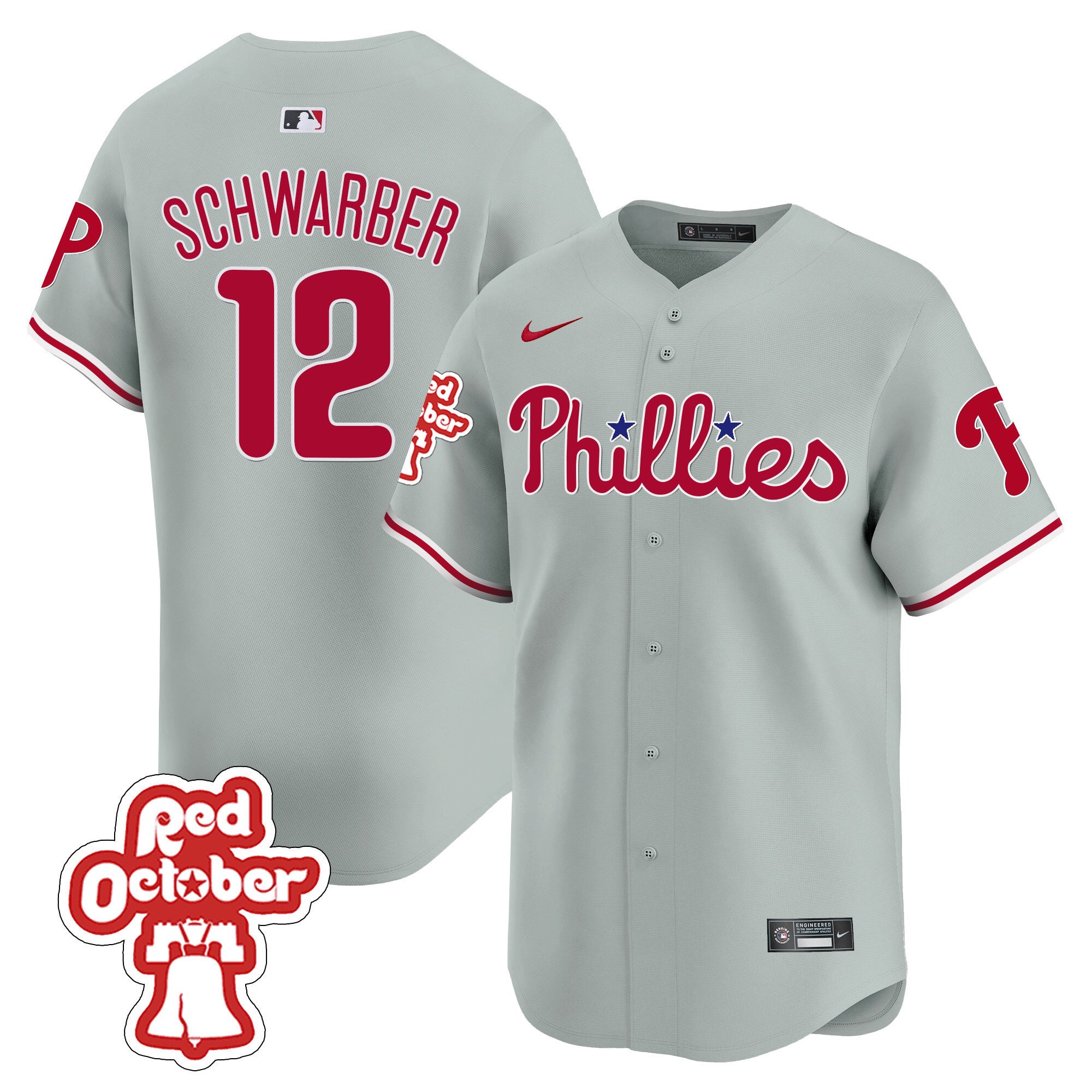 Men's Philadelphia Phillies Kyle Schwarber Red Octorber Patch Vapor Premier Limited Gray Road Jersey