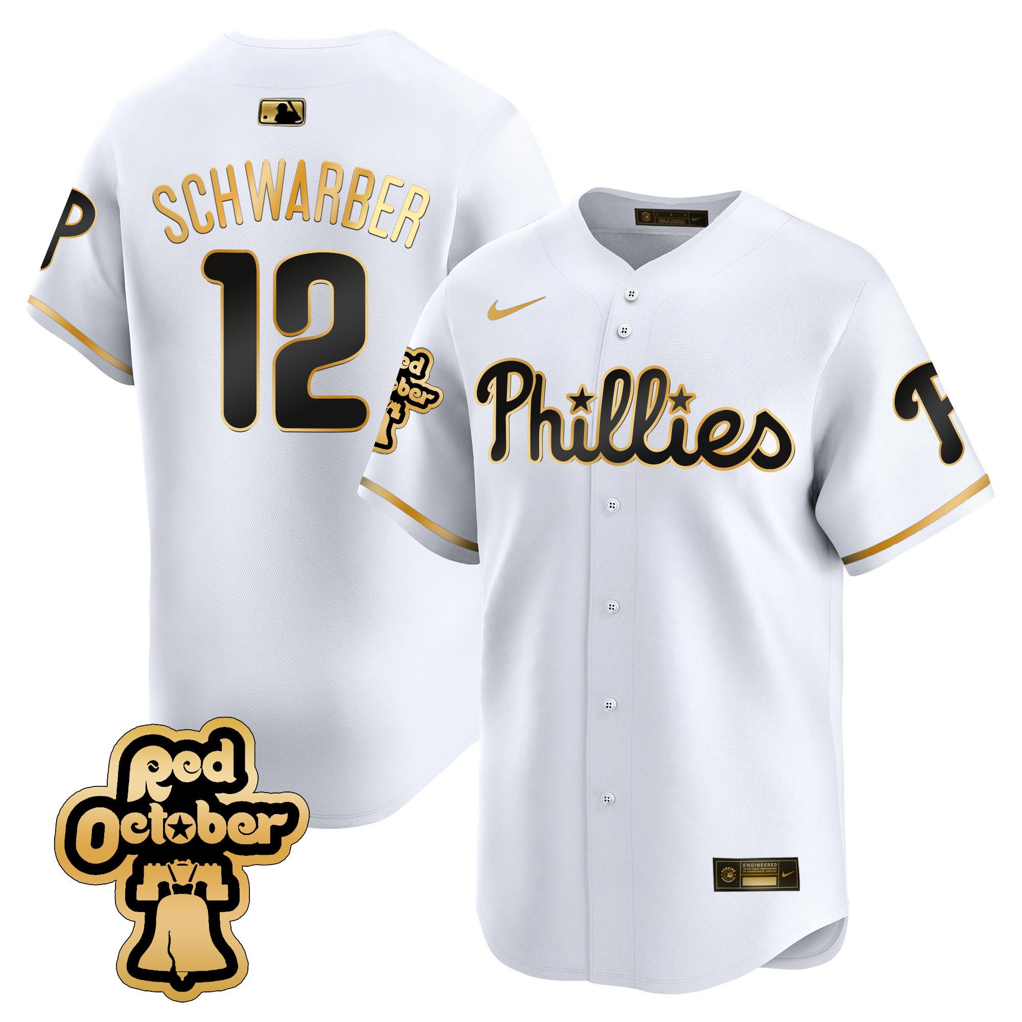 Men's Philadelphia Phillies Kyle Schwarber Red Octorber Patch Vapor Premier Limited White Gold Jersey