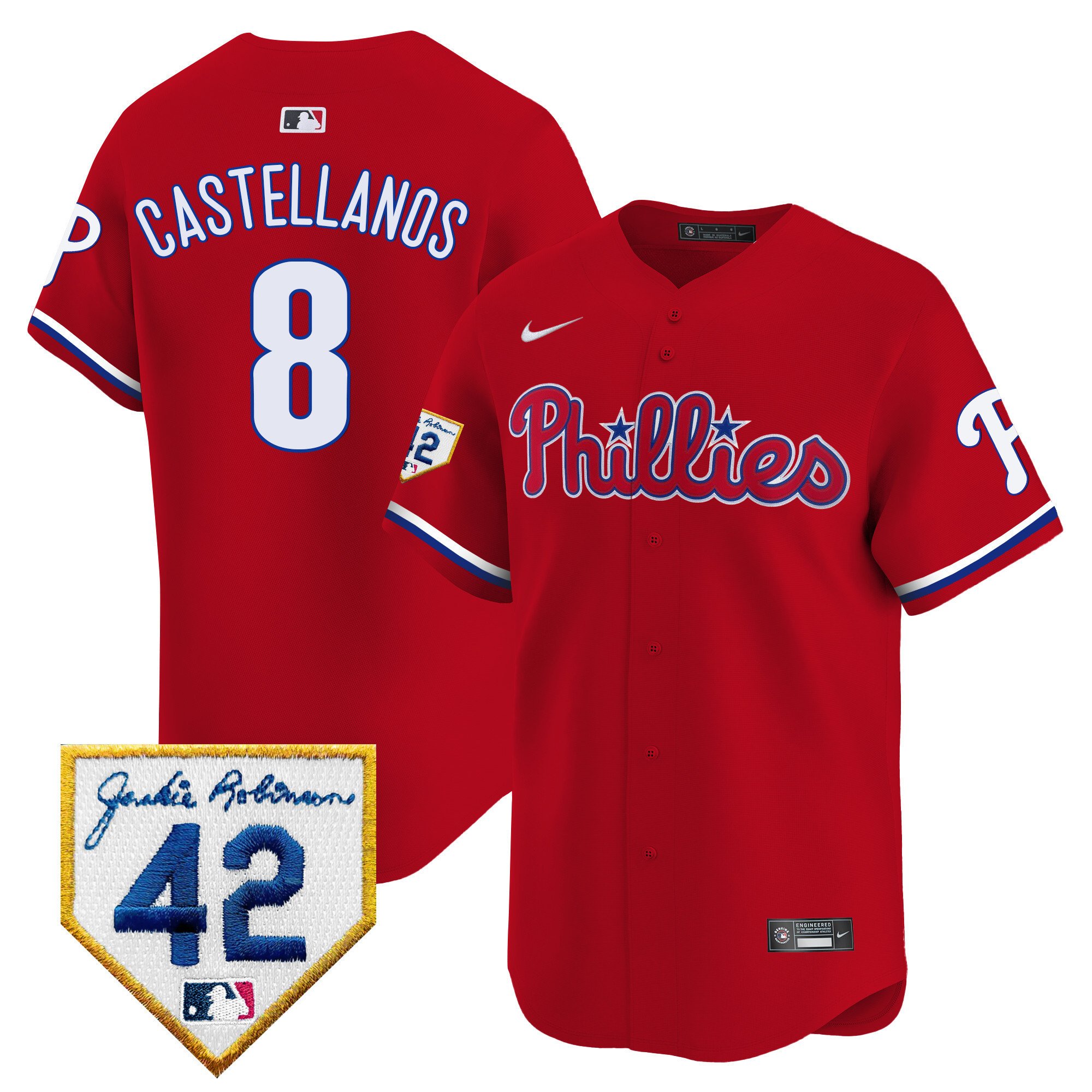 Men's Philadelphia Phillies Nick Castellanos 2024 Jackie Robinson Patch Vapor Premier Limited Red Jersey