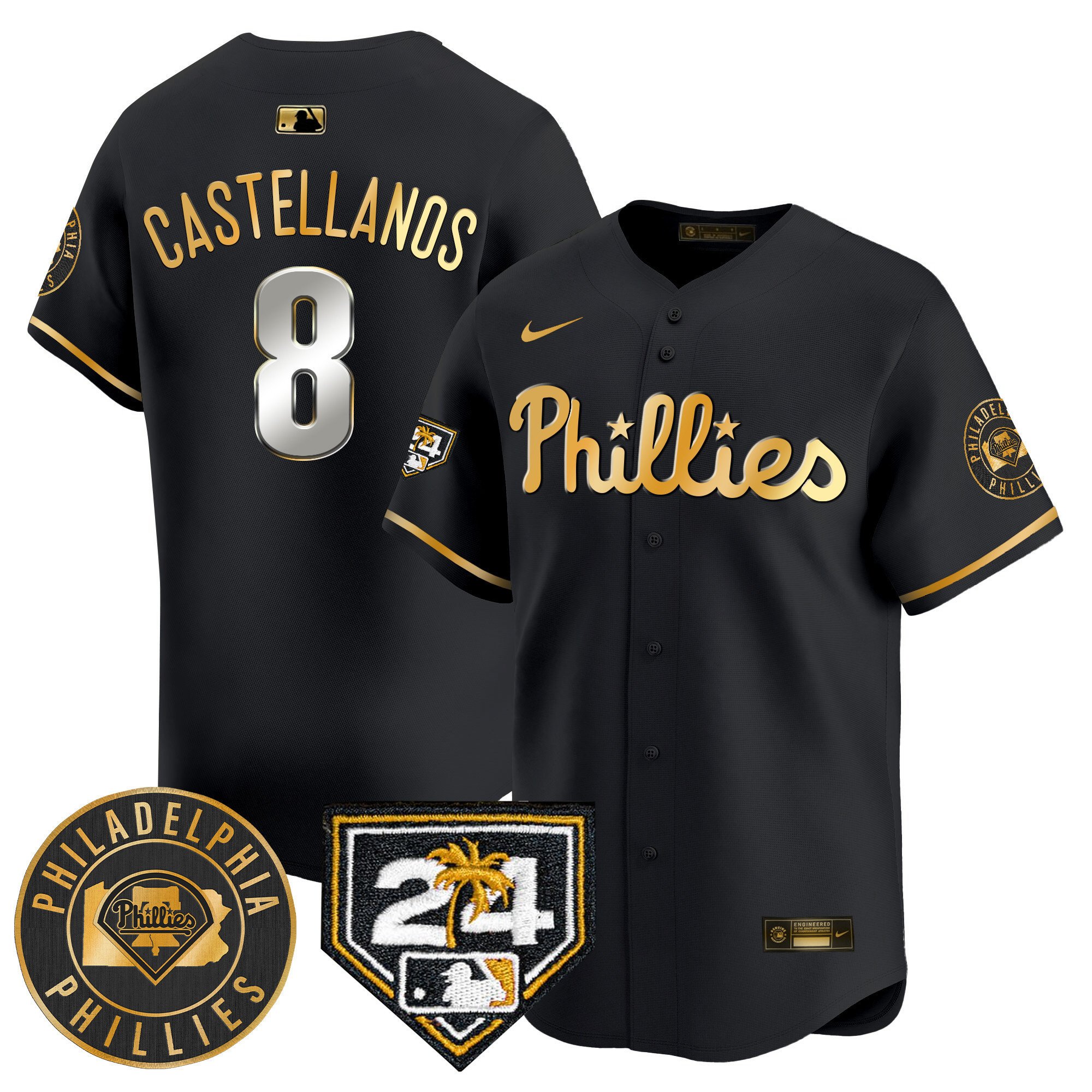 Men's Philadelphia Phillies Nick Castellanos 2024 Spring Training Patch Vapor Premier Limited Black Gold Jersey