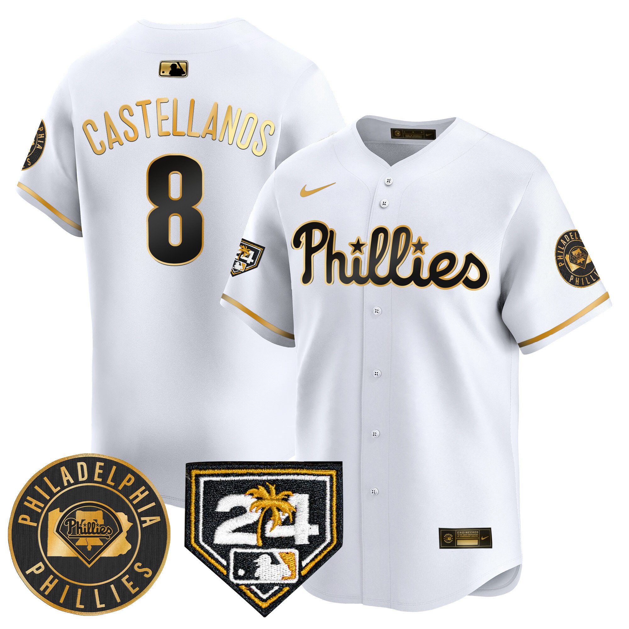 Men's Philadelphia Phillies Nick Castellanos 2024 Spring Training Patch Vapor Premier Limited White Gold Jersey