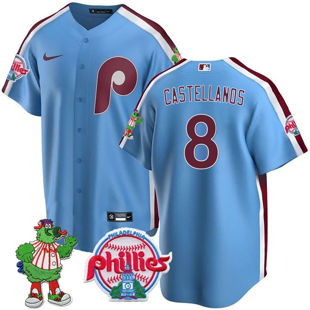 Men's Philadelphia Phillies Nick Castellanos Phillie Phanatic Patch Blue Jersey