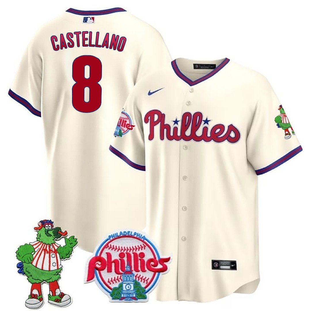 Men's Philadelphia Phillies Nick Castellanos Phillie Phanatic Patch Cream Jersey