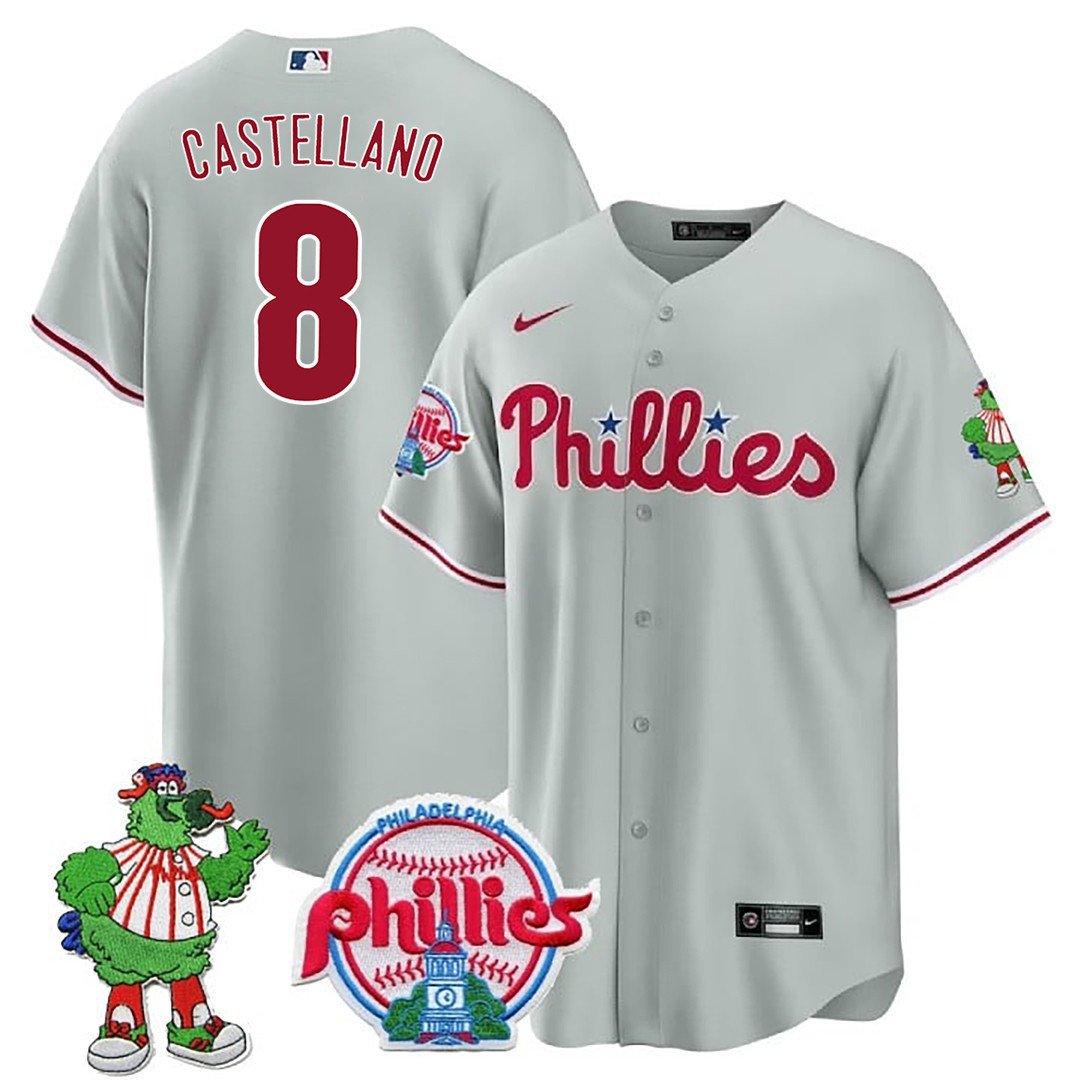 Men's Philadelphia Phillies Nick Castellanos Phillie Phanatic Patch Gray Jersey