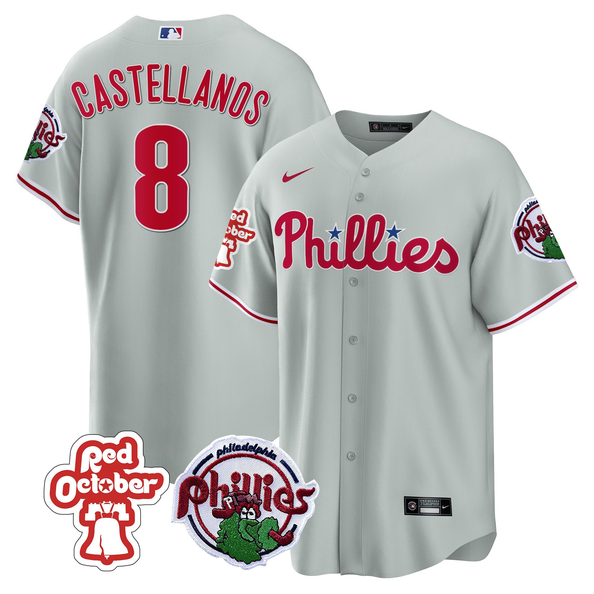 Men's Philadelphia Phillies Nick Castellanos Red October Patch Gray Jersey