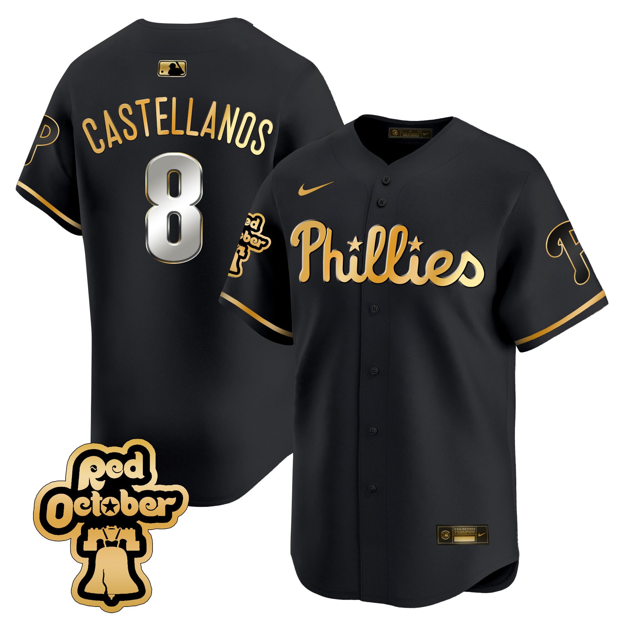 Men's Philadelphia Phillies Nick Castellanos Red Octorber Patch Vapor Premier Limited Black Gold Jersey