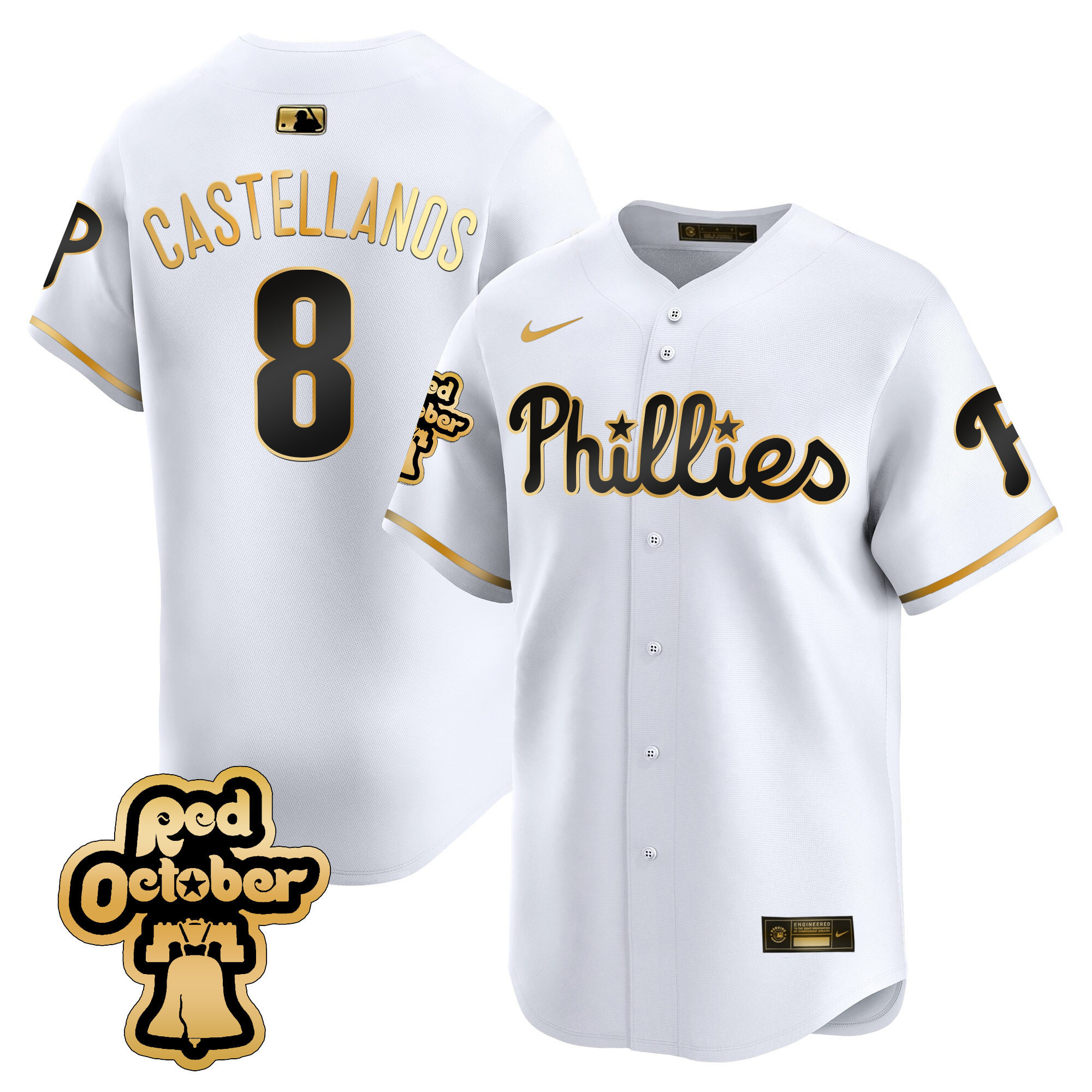 Men's Philadelphia Phillies Nick Castellanos Red Octorber Patch Vapor Premier Limited White Gold Jersey