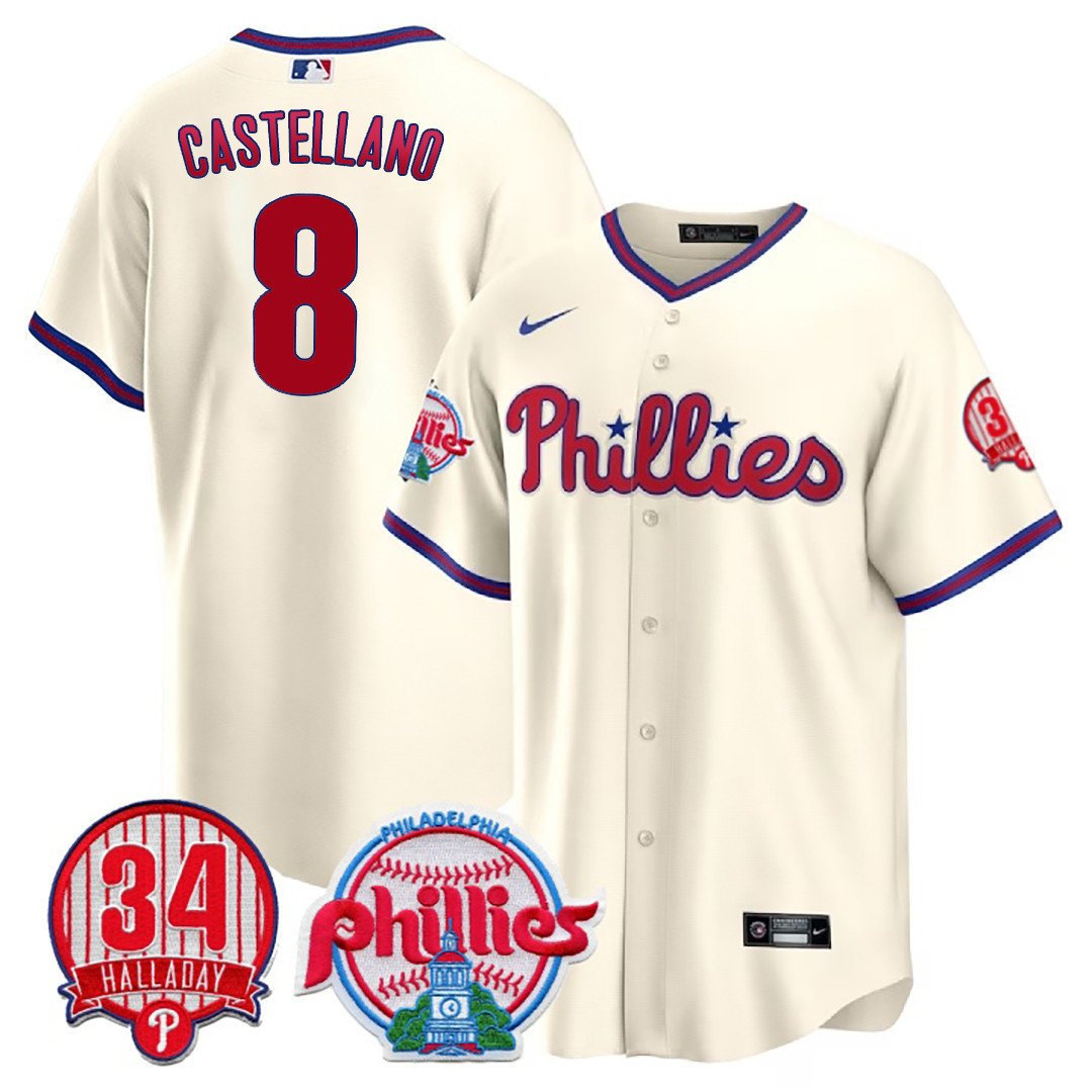 Men's Philadelphia Phillies Nick Castellanos Roy Halladay Patch #34 Cream Jersey