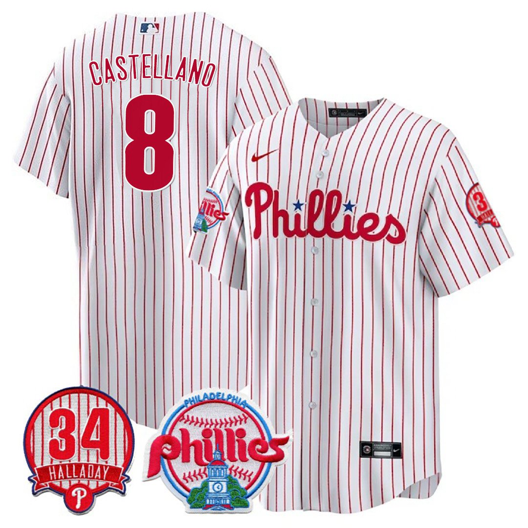 Men's Philadelphia Phillies Nick Castellanos Roy Halladay Patch #34 White Jersey