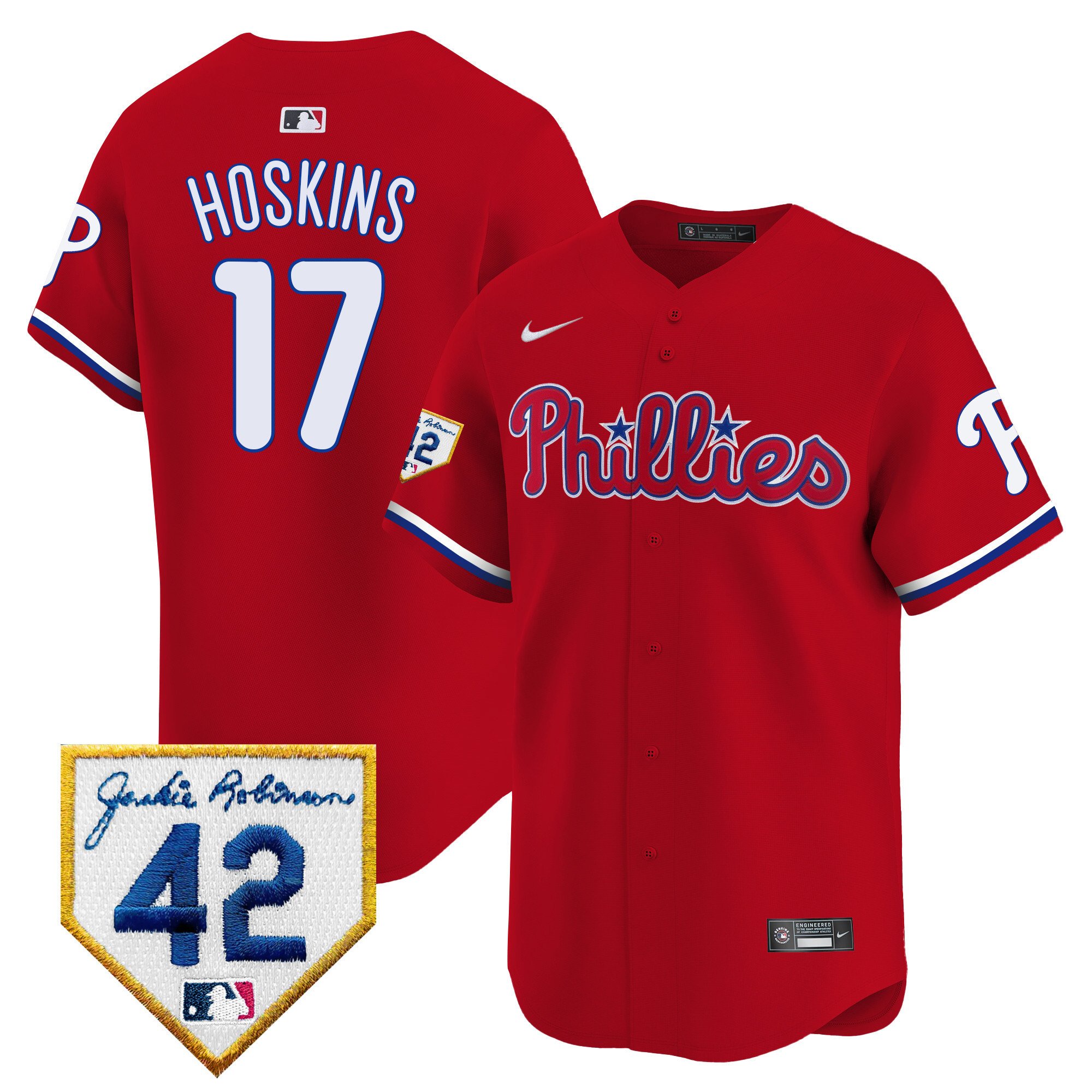 Men's Philadelphia Phillies Rhys Hoskins 2024 Jackie Robinson Patch Vapor Premier Limited Red Jersey