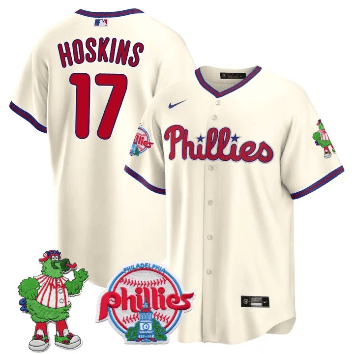 Men's Philadelphia Phillies Rhys Hoskins Phillie Phanatic Patch Cream Jersey