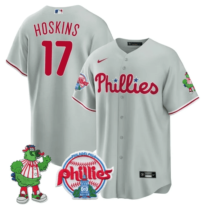 Men's Philadelphia Phillies Rhys Hoskins Phillie Phanatic Patch Gray Jersey