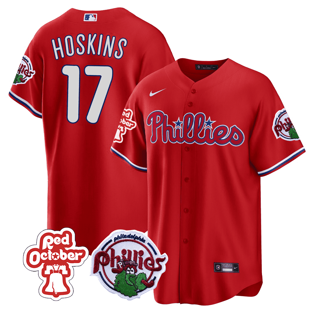 Men's Philadelphia Phillies Rhys Hoskins Red October Patch Cool Red Jersey