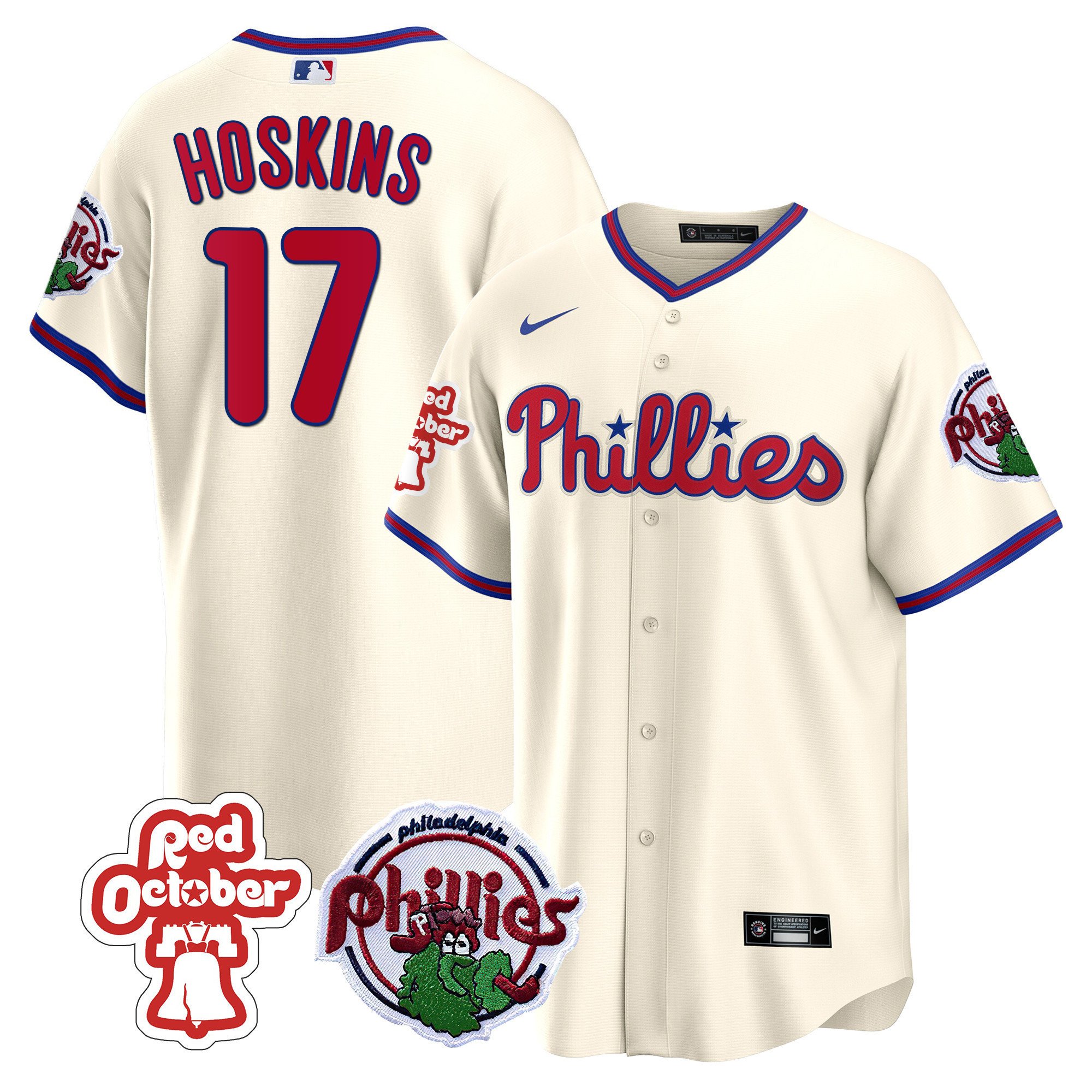 Men's Philadelphia Phillies Rhys Hoskins Red October Patch Cream Jersey