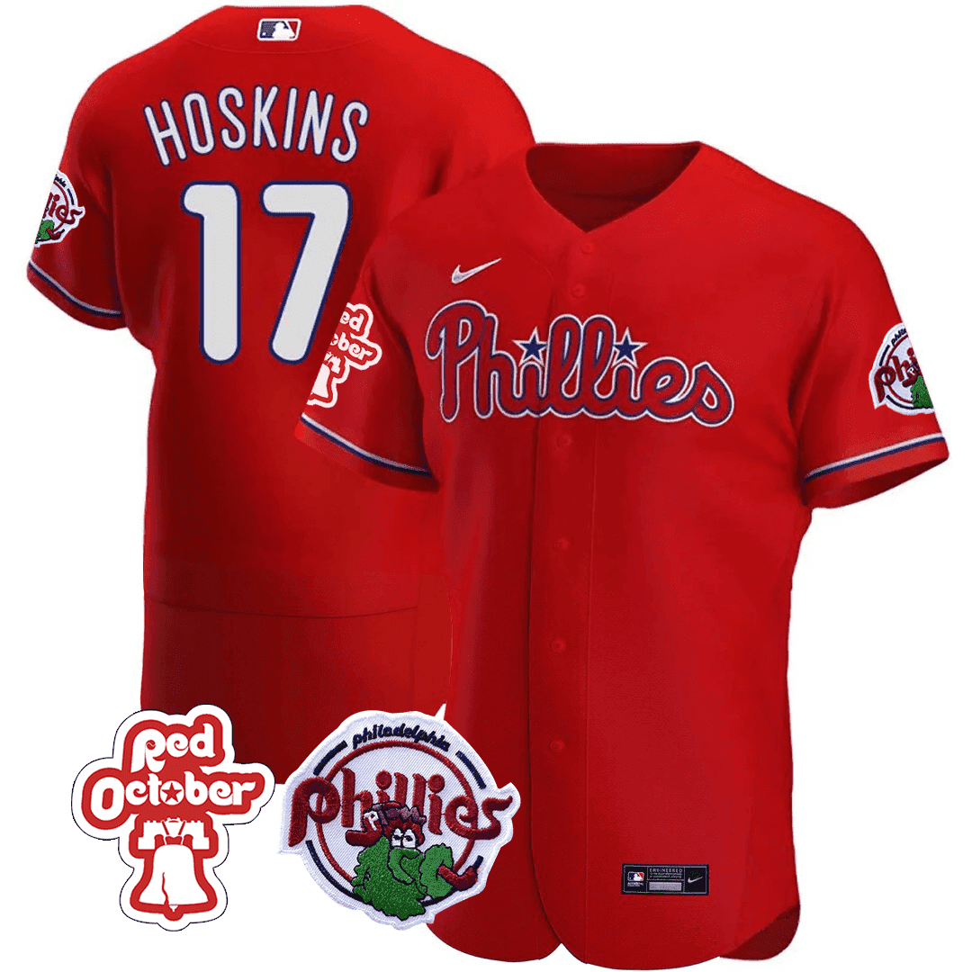 Men's Philadelphia Phillies Rhys Hoskins Red October Patch Flex Red Jersey