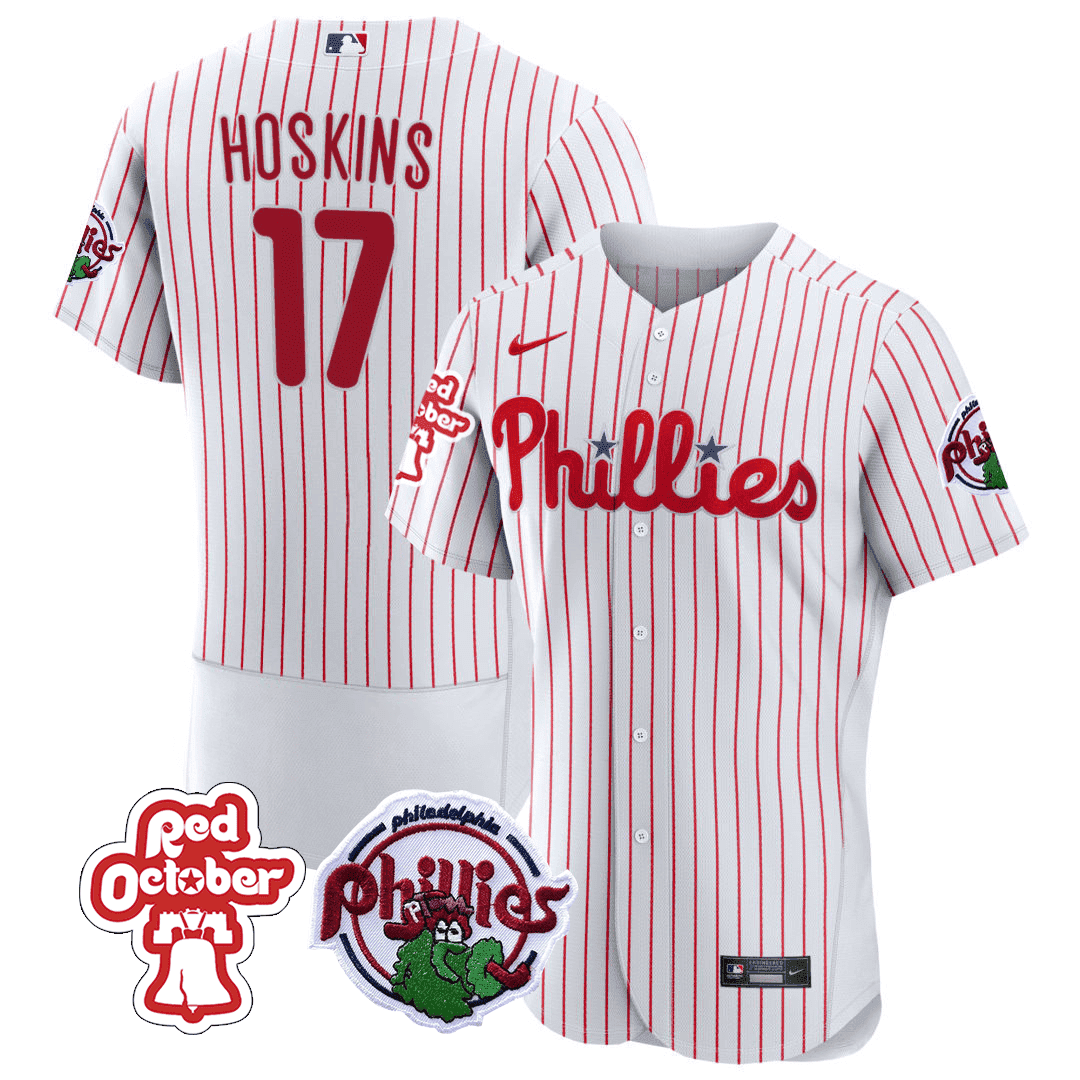 Men's Philadelphia Phillies Rhys Hoskins Red October Patch Flex White Jersey