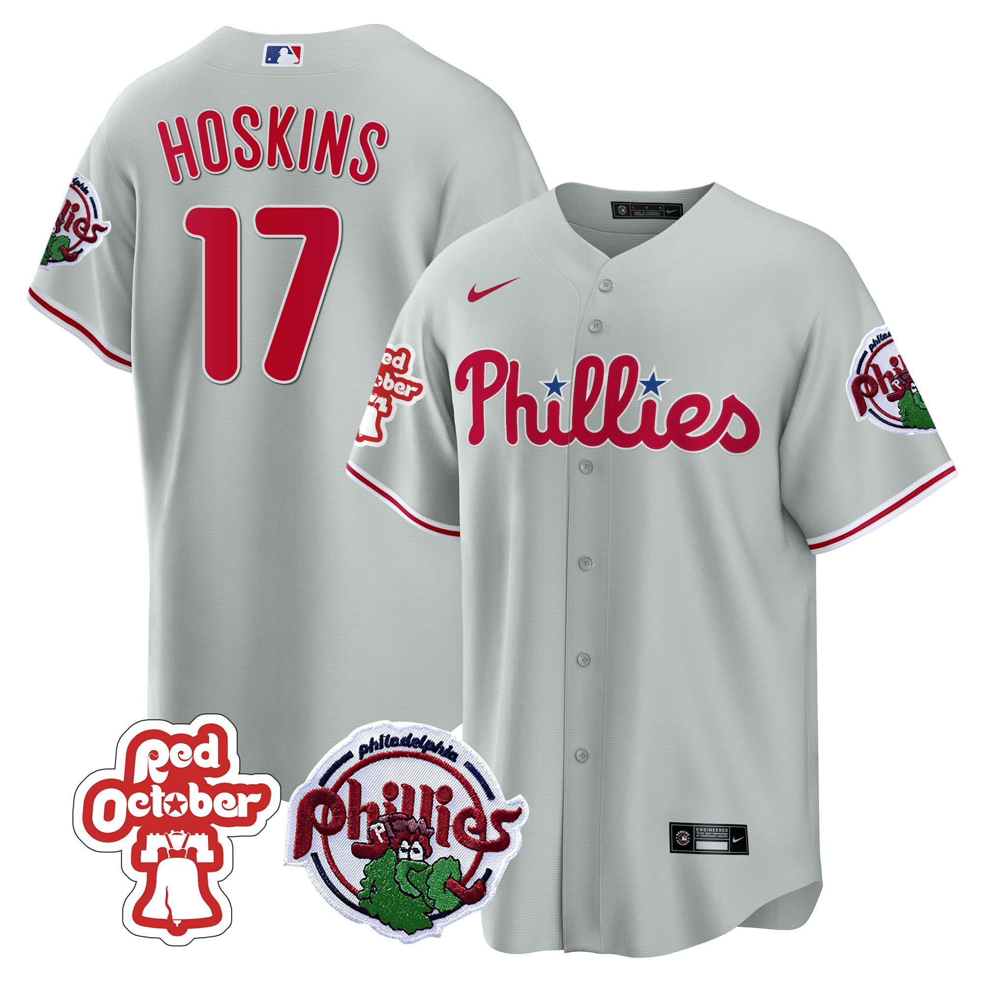 Men's Philadelphia Phillies Rhys Hoskins Red October Patch Gray Jersey