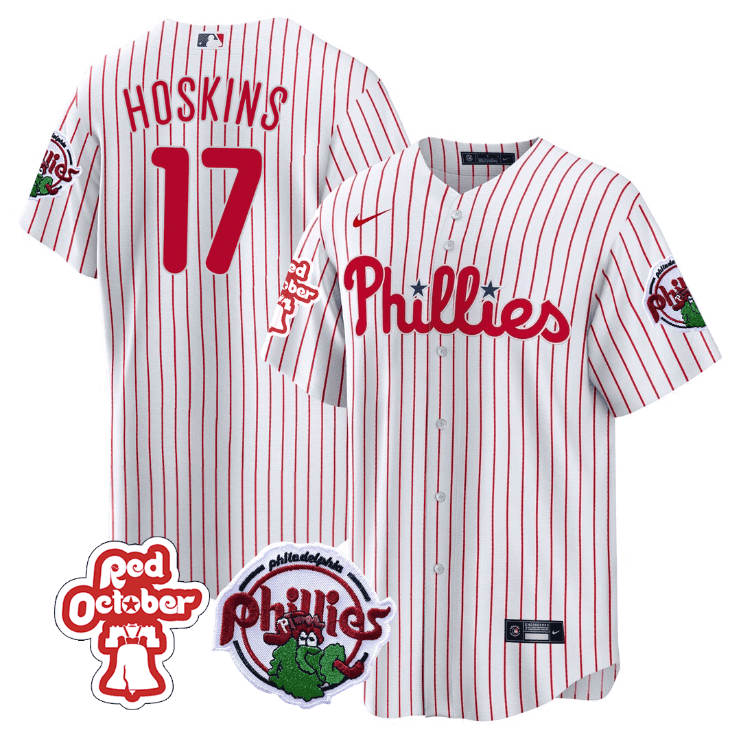 Men's Philadelphia Phillies Rhys Hoskins Red October Patch White Jersey