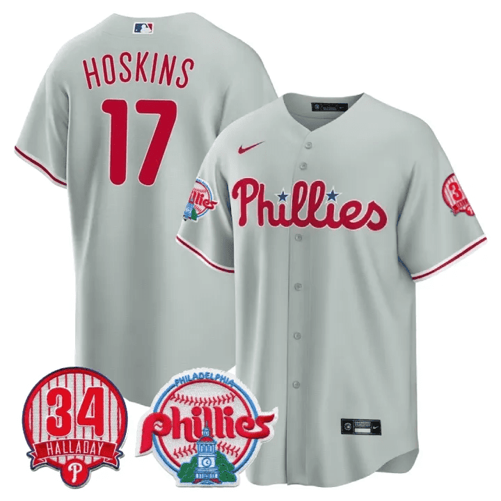 Men's Philadelphia Phillies Rhys Hoskins Roy Halladay Patch #34 Gray Jersey