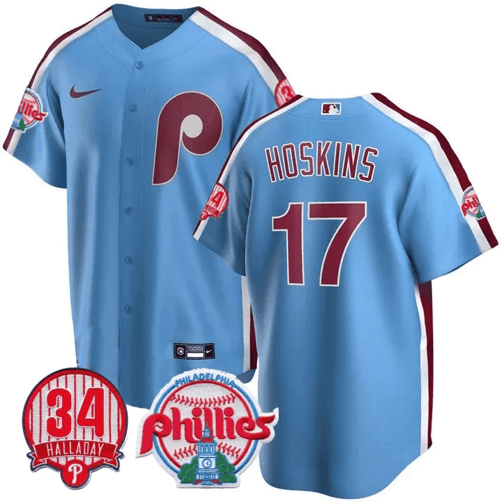Men's Philadelphia Phillies Rhys Hoskins Roy Halladay Patch #34 Powder Blue Jersey