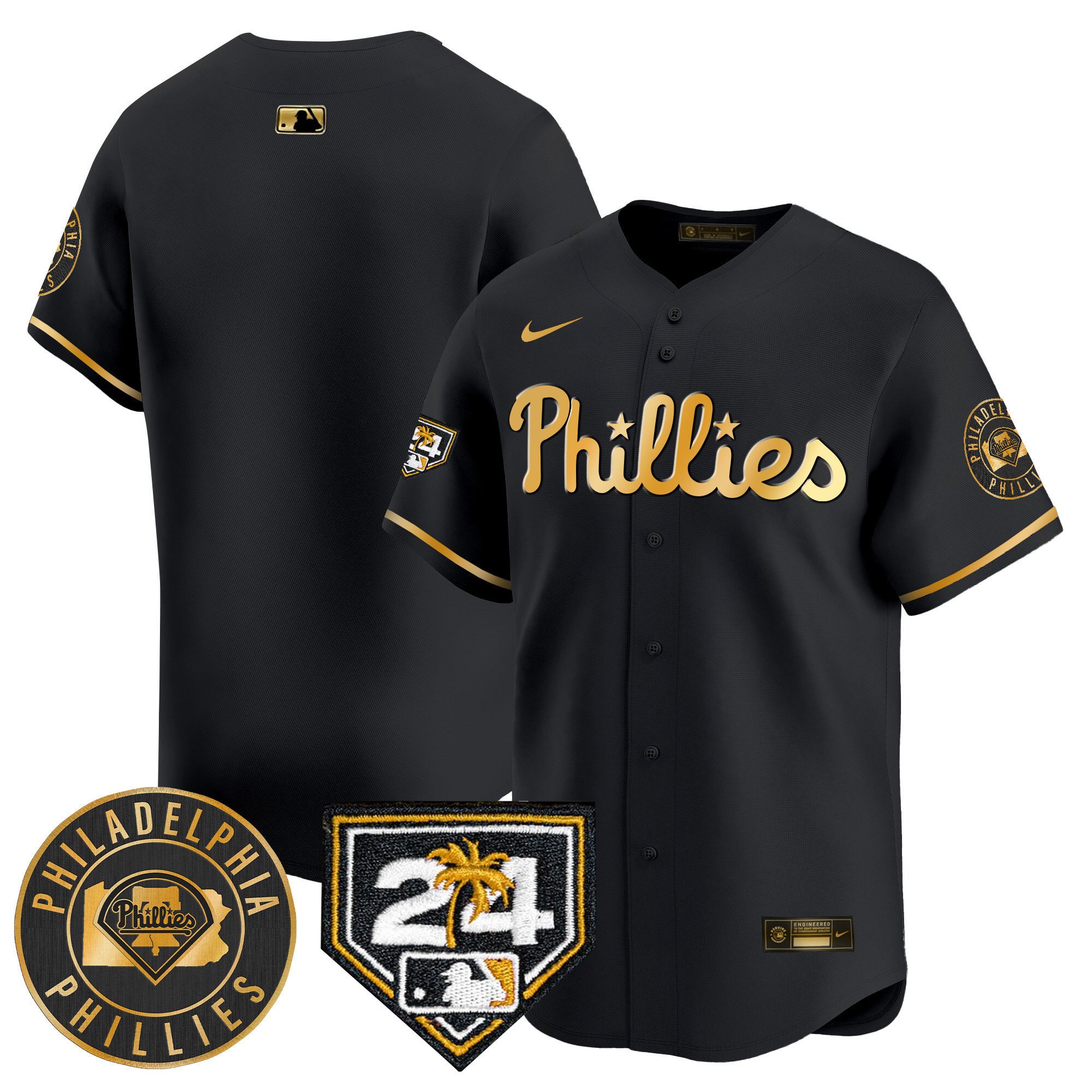 Men's Philadelphia Phillies Team 2024 Spring Training Patch Vapor Premier Limited Black Gold Jersey