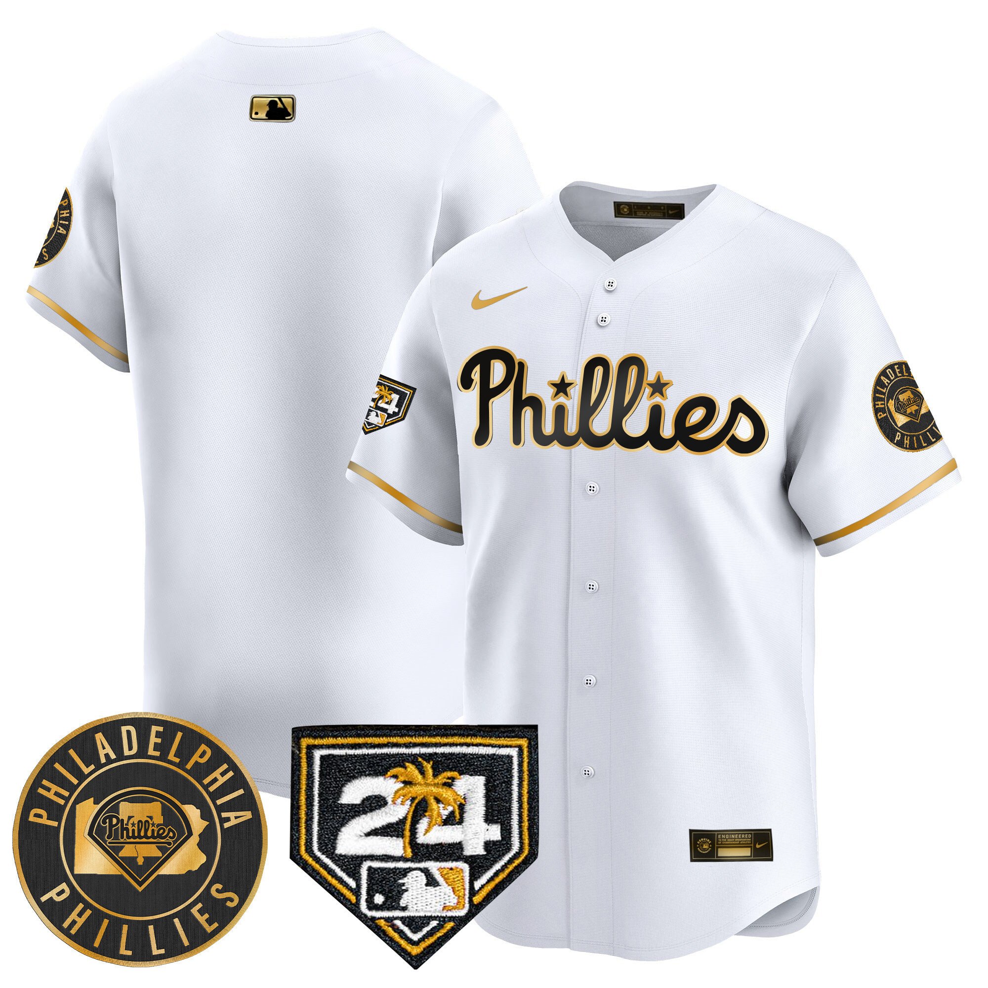 Men's Philadelphia Phillies Team 2024 Spring Training Patch Vapor Premier Limited White Gold Jersey