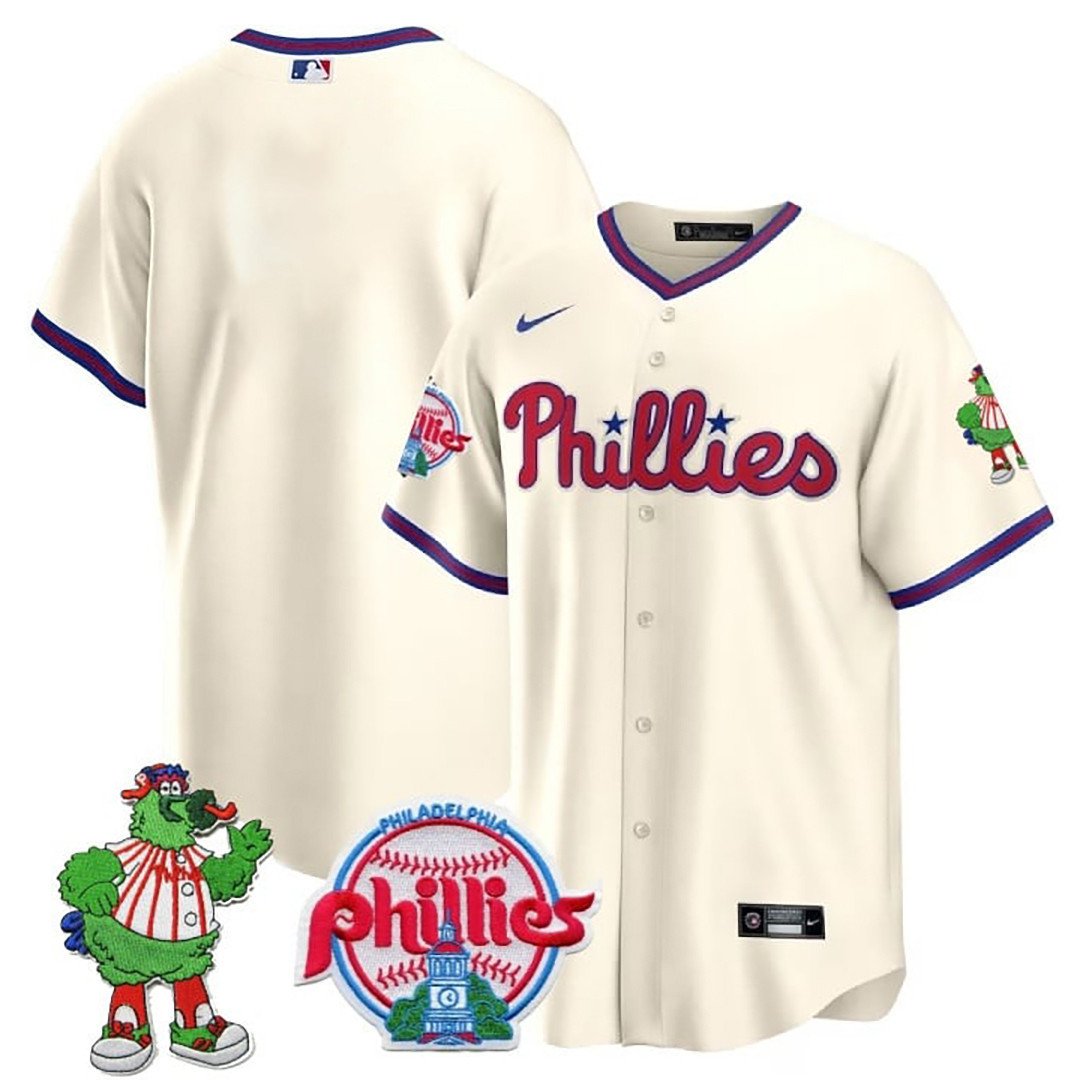 Men's Philadelphia Phillies Team Phillie Phanatic Patch Cream Jersey