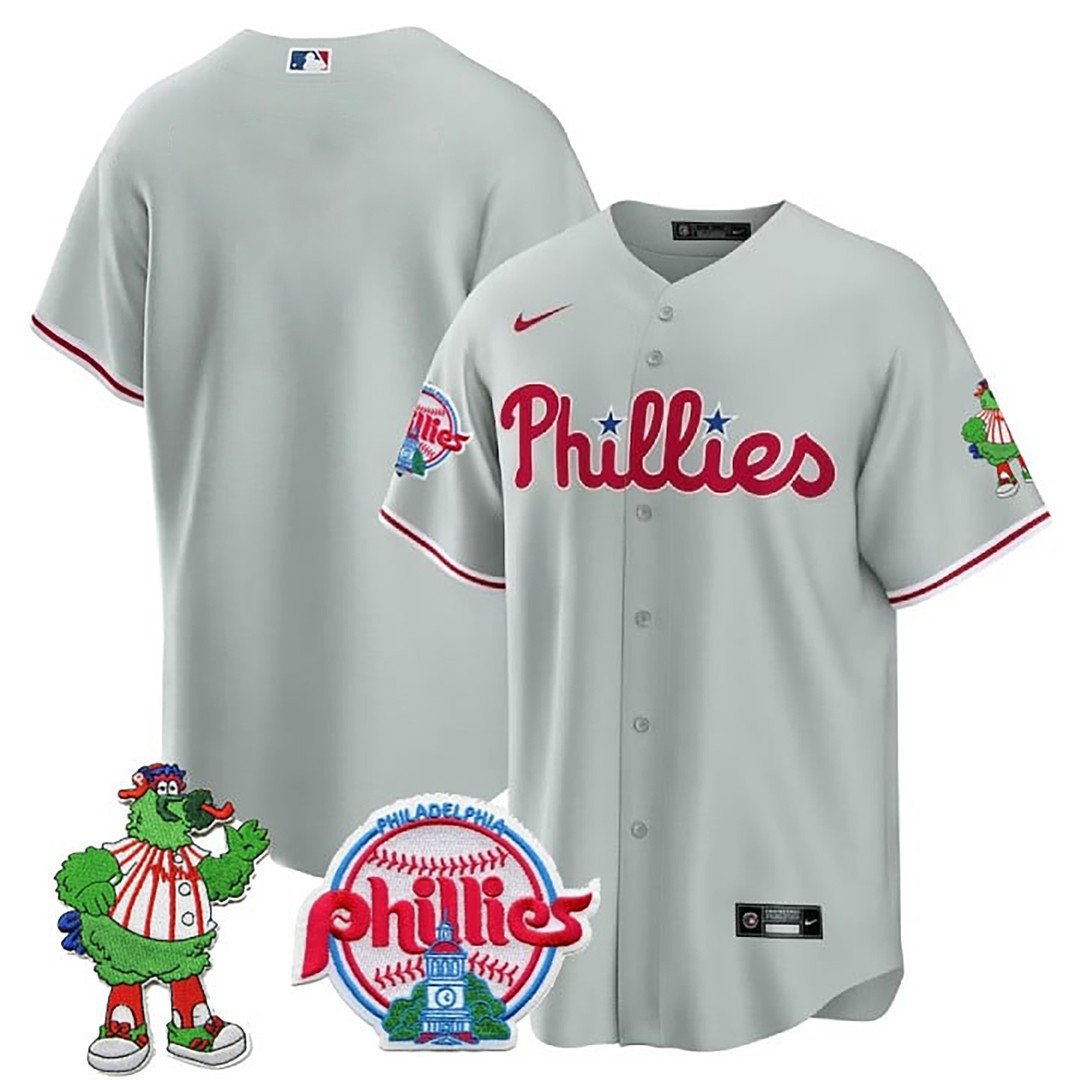 Men's Philadelphia Phillies Team Phillie Phanatic Patch Gray Jersey