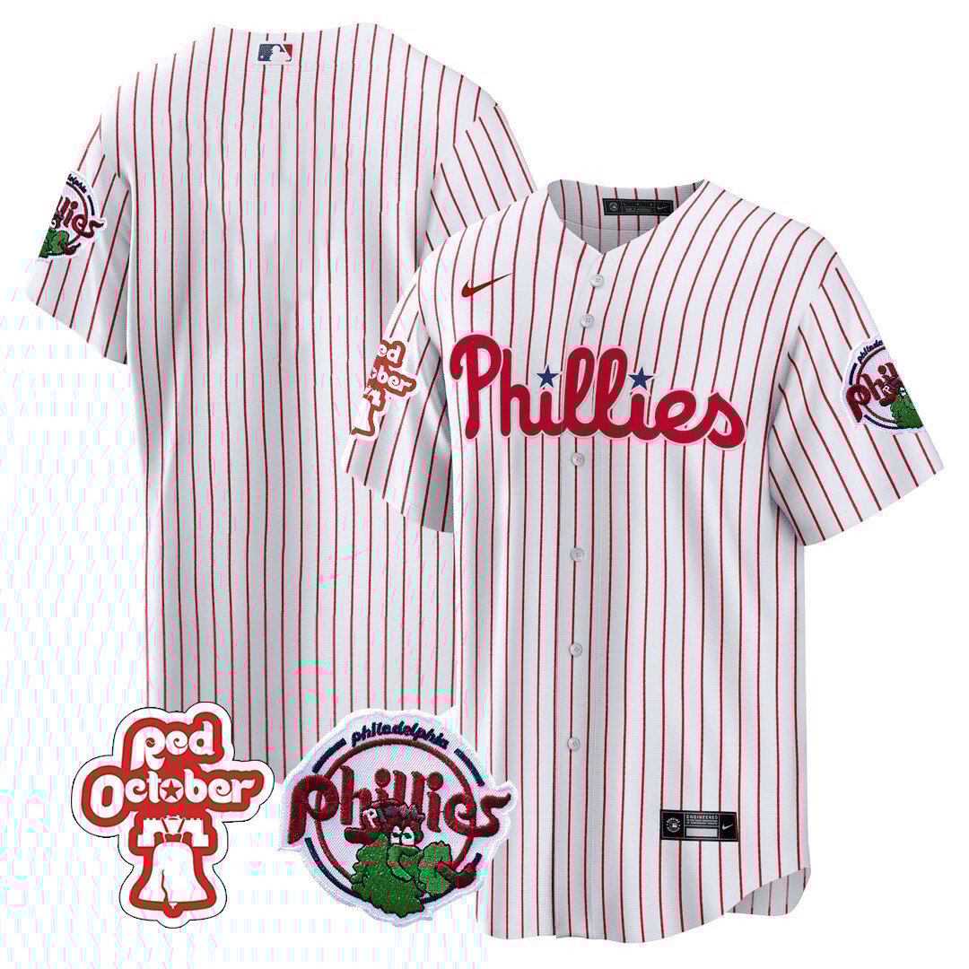 Men's Philadelphia Phillies Team Red October Patch White Jersey