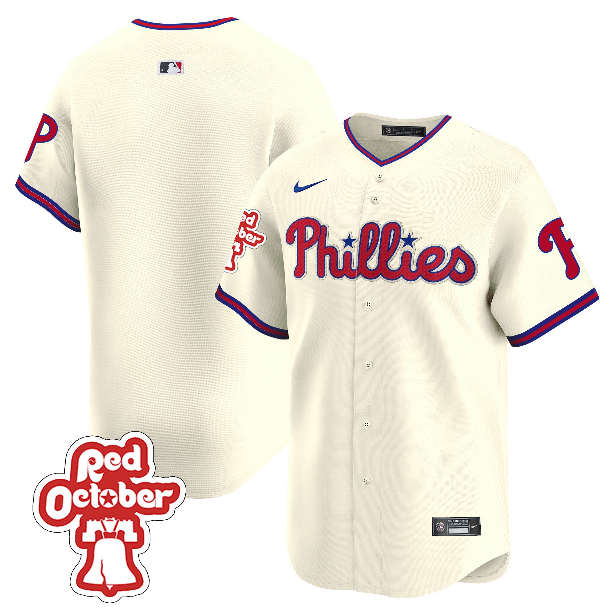 Men's Philadelphia Phillies Team Red Octorber Patch Vapor Premier Limited Cream Jersey