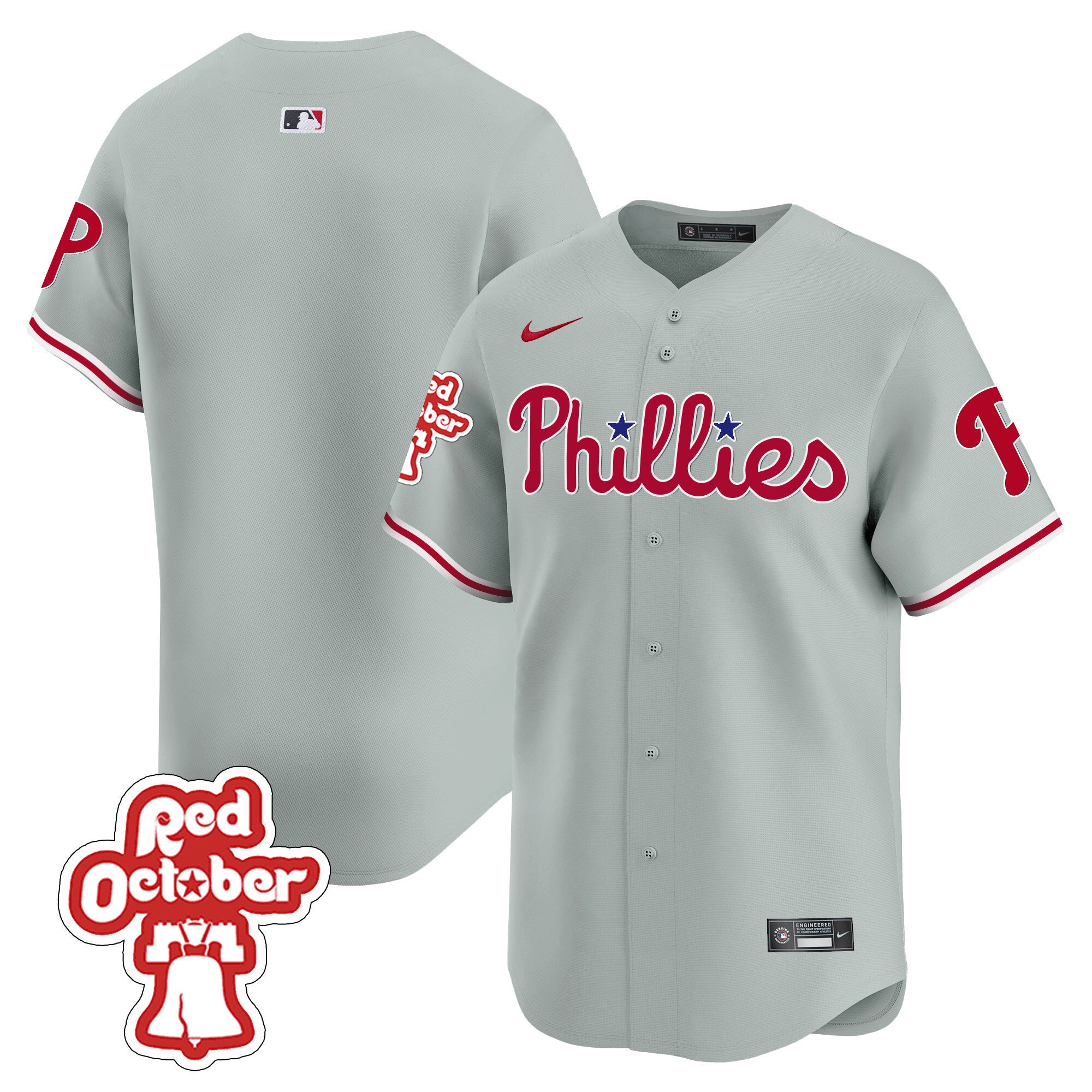 Men's Philadelphia Phillies Team Red Octorber Patch Vapor Premier Limited Gray Road Jersey