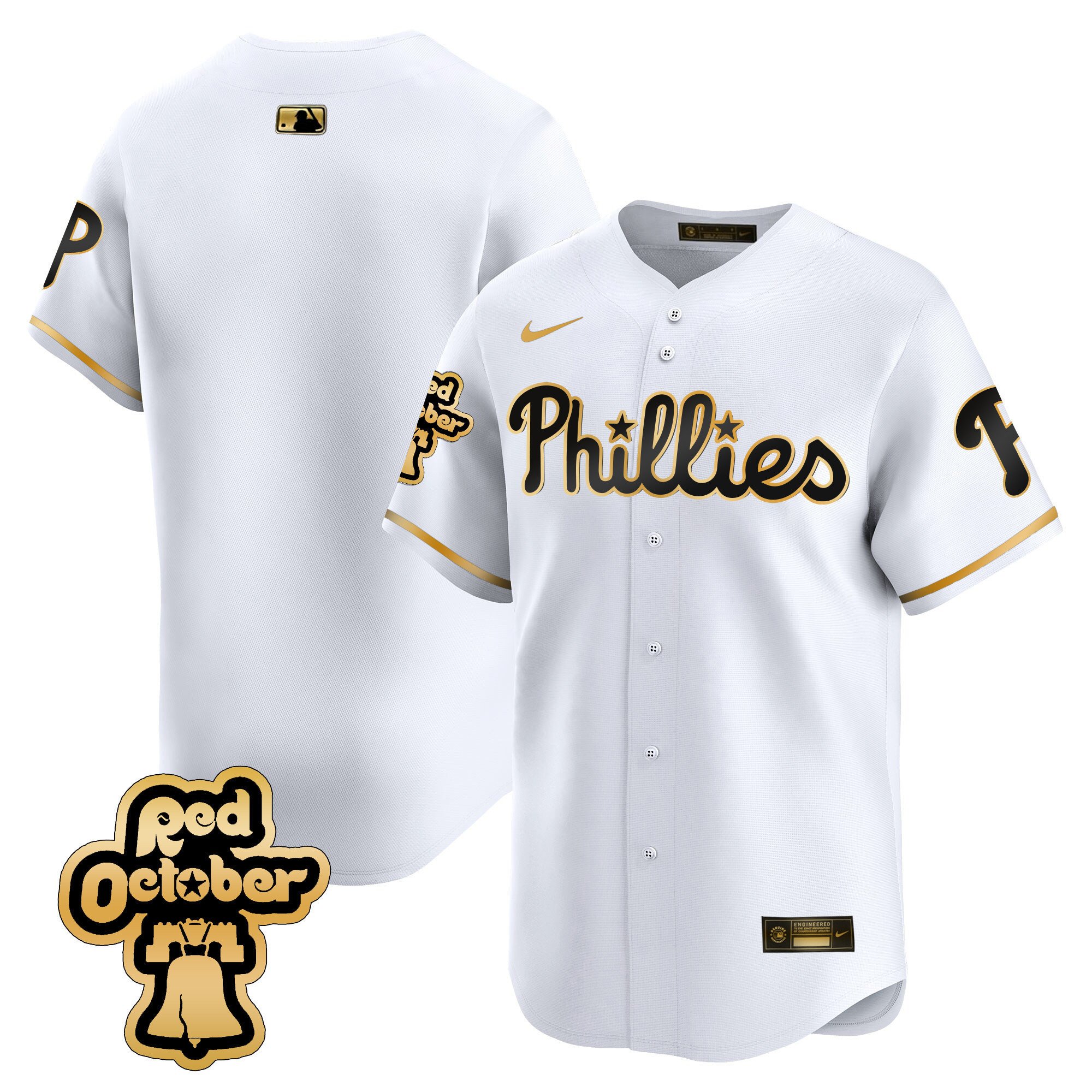 Men's Philadelphia Phillies Team Red Octorber Patch Vapor Premier Limited White Gold Jersey