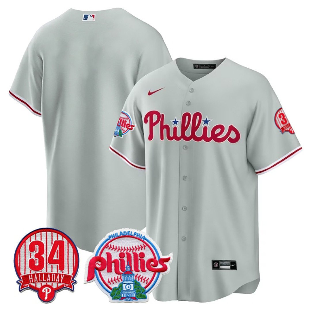 Men's Philadelphia Phillies Team Roy Halladay Patch #34 Gray Jersey