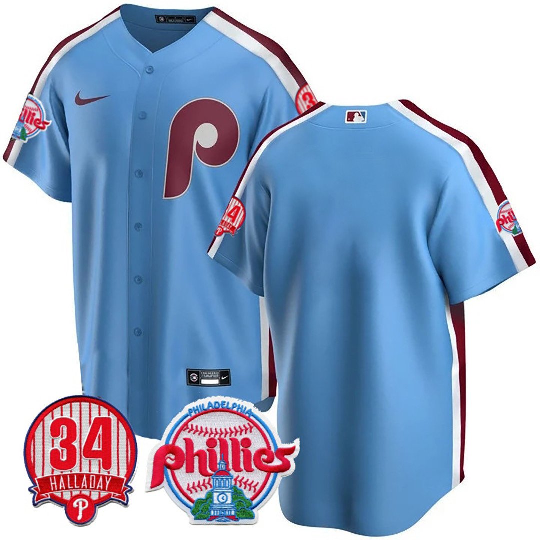 Men's Philadelphia Phillies Team Roy Halladay Patch #34 Powder Blue Jersey