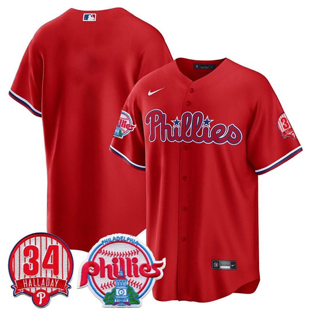 Men's Philadelphia Phillies Team Roy Halladay Patch #34 Red Jersey