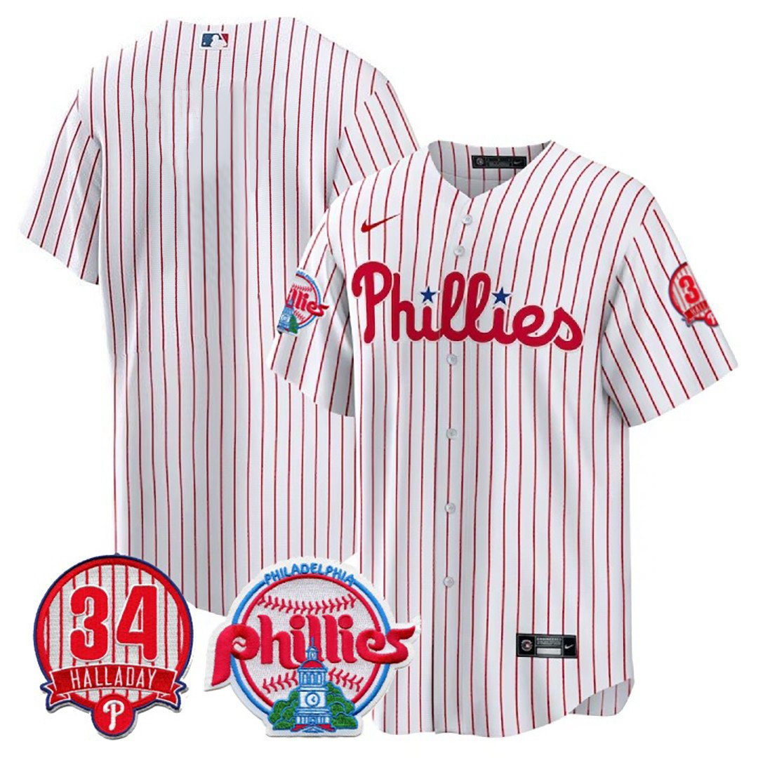 Men's Philadelphia Phillies Team Roy Halladay Patch #34 White Jersey