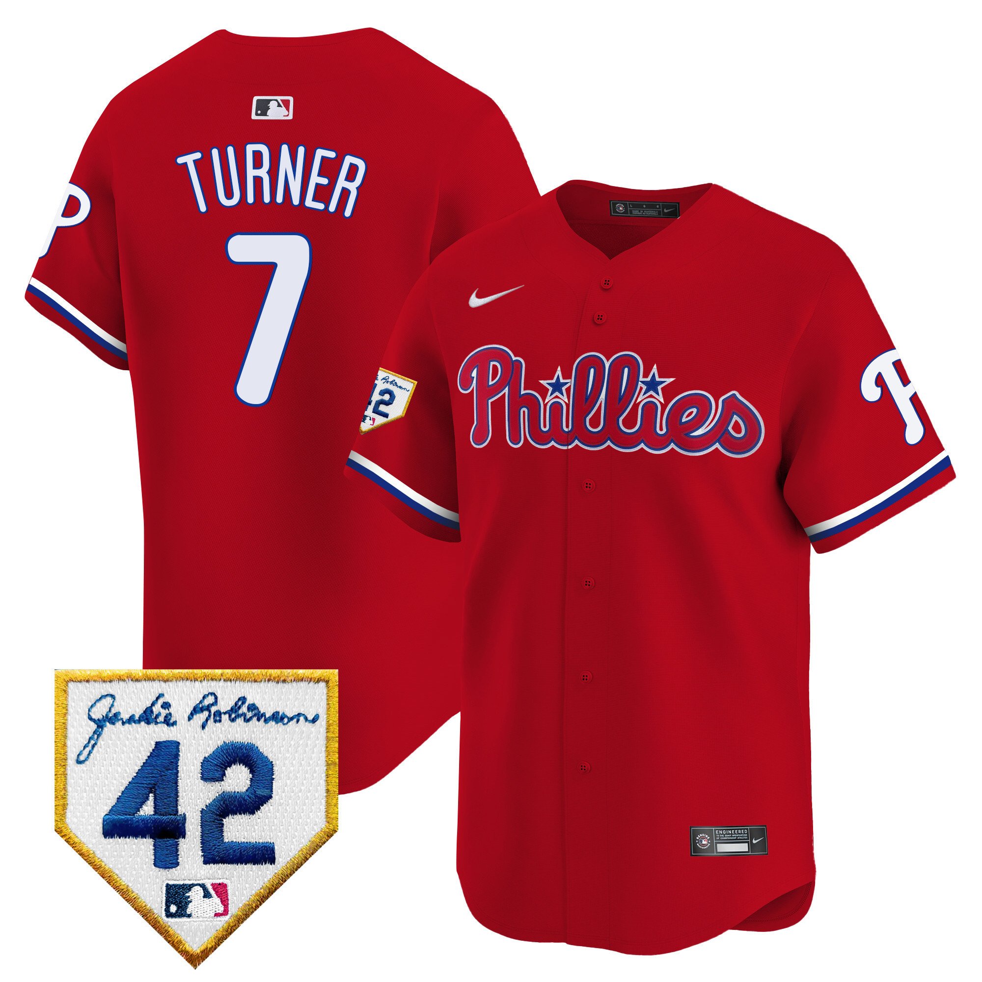 Men's Philadelphia Phillies Trea Turner 2024 Jackie Robinson Patch Vapor Premier Limited Red Jersey