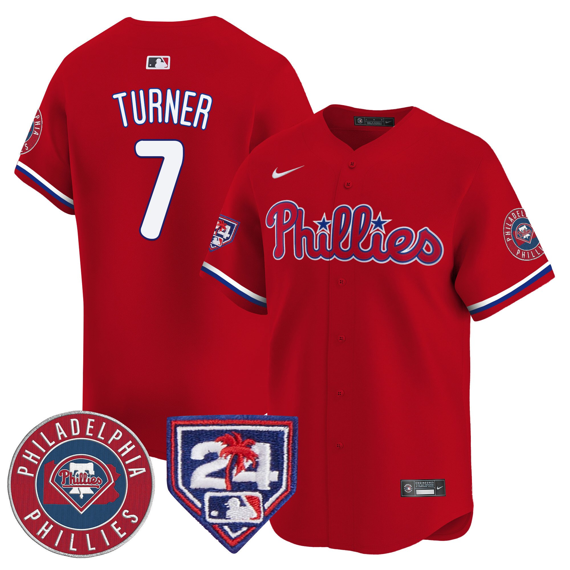 Men's Philadelphia Phillies Trea Turner 2024 Spring Training Patch Vapor Premier Limited Red Jersey