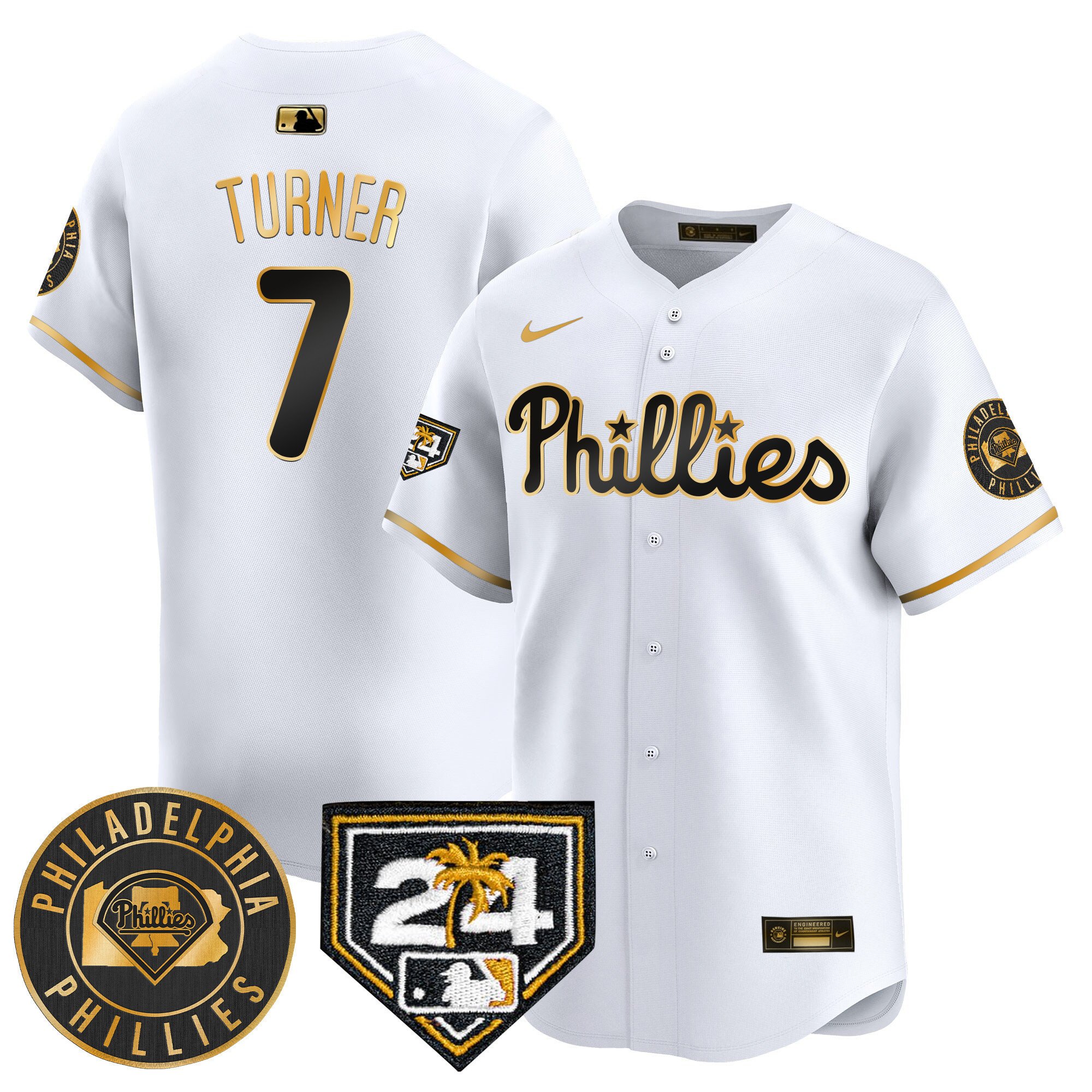 Men's Philadelphia Phillies Trea Turner 2024 Spring Training Patch Vapor Premier Limited White Gold Jersey