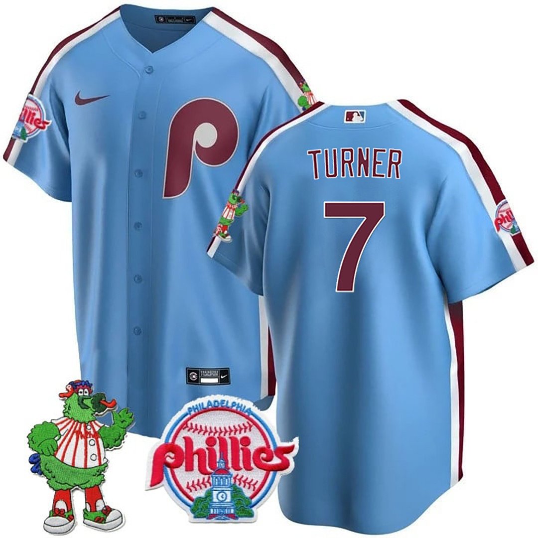 Men's Philadelphia Phillies Trea Turner Phillie Phanatic Patch Blue Jersey
