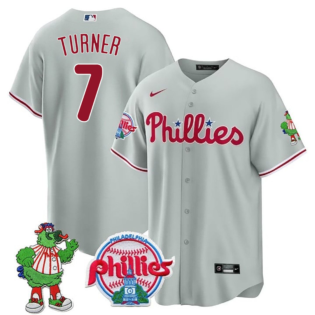 Men's Philadelphia Phillies Trea Turner Phillie Phanatic Patch Gray Jersey