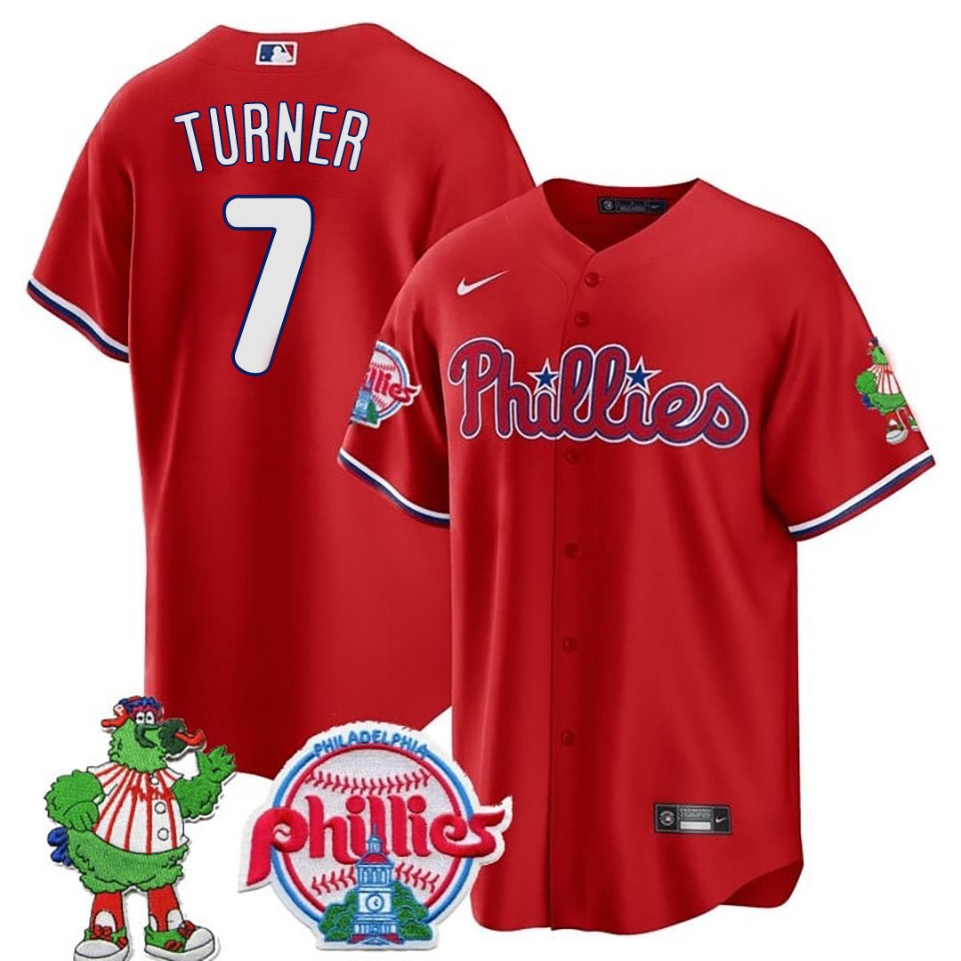 Men's Philadelphia Phillies Trea Turner Phillie Phanatic Patch Red Jersey