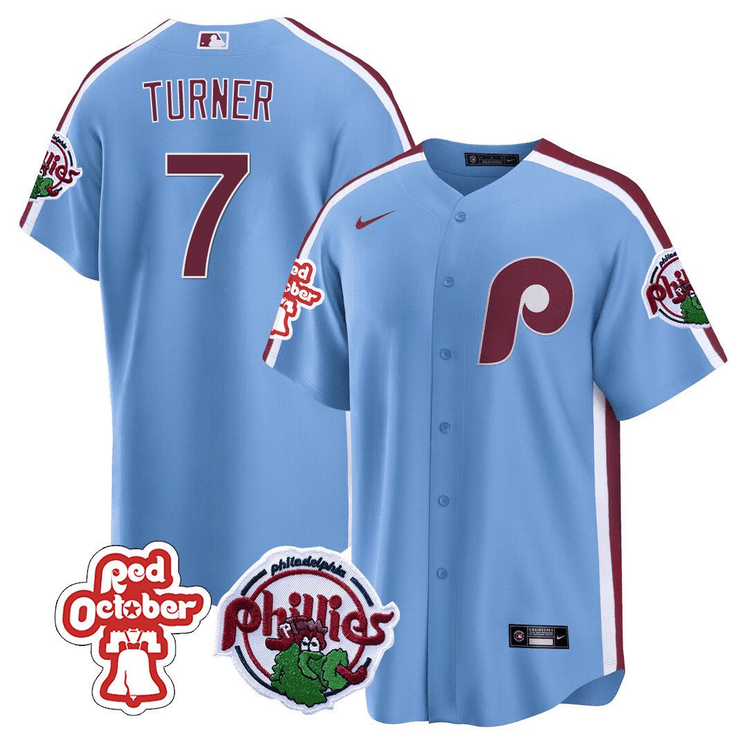 Men's Philadelphia Phillies Trea Turner Red October Patch Blue Jersey